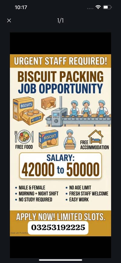 Buiscuit packing job male female morning night shift urgent hiring