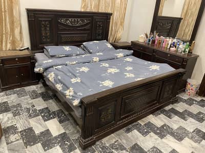 Wooden bed with mattress ,side tables, dressing table