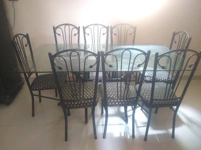 glass table with 8 cahir for Sale