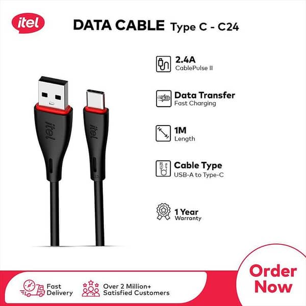 itel Cable Pulse | C24 Type-C Data Cable | 2.4A Fast Charging | High-Speed Data Transfer | 1 Meter Long | Durable Design