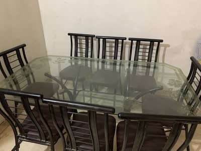 8 Seater Glass Top Dining Table Set with Chairs – Metal Frame