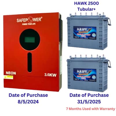 Safepower inverter 3.6 kw with (2) 2500 Tubular Battery