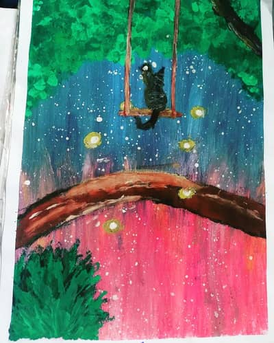 Handmade Acrylic Painting – Dreamy Night Cat Art