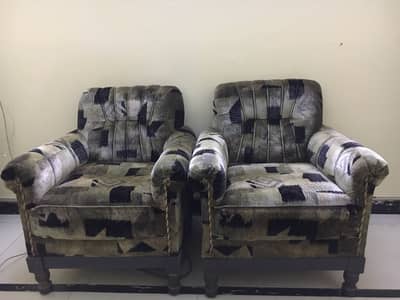 Pair of 1 seater sofa old heavy wooden velvet sofa