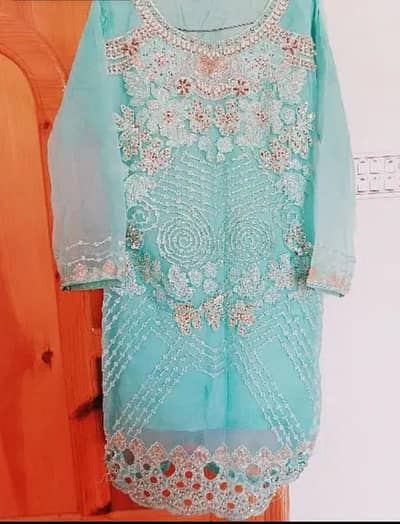 Turquoise 3-Piece Formal Net Shirt, trouser, Dupatta