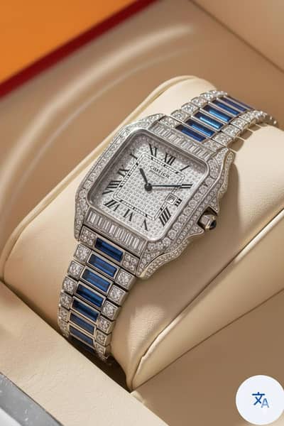 Luxury Iced-Out Silver Watch With Blue Stone - Brand New, Premium Look