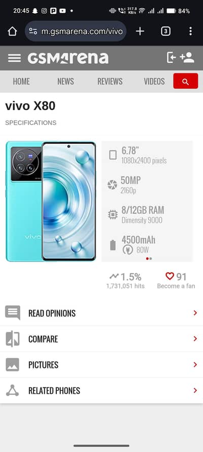 vivo x80 for sale condition 10.10