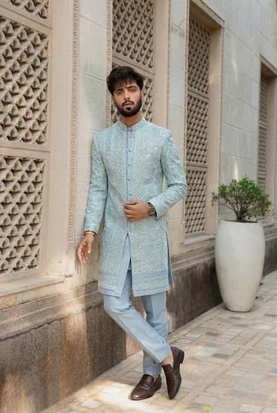 Light Blue 3-Piece Layered Sherwani Set