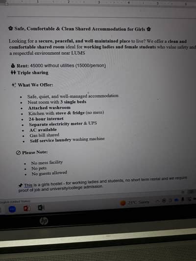 safe n clean shared room for Girls 15000/person