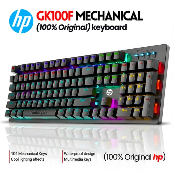 HP GK100F / GK400F Mechanical Keyboard by FunBug – Blue Switch, 104-Key, Wired USB, RGB (GK100F) or Blue LED (GK400F) – Pakistan