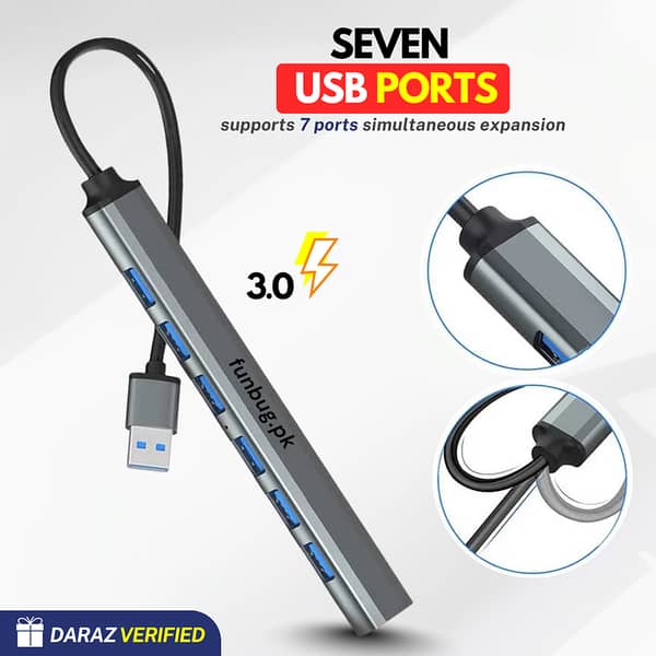 FunBug USB Hub 3.0/2.0: 4-Port and 7-Port Aluminium Alloy Multi-Port Splitter for PC, Laptop, and OTG