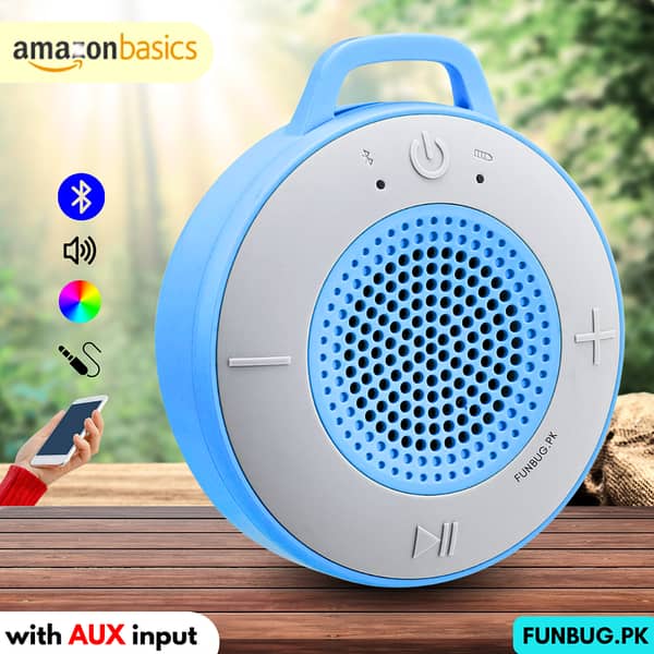 AmazonBasics Wireless Bluetooth Shower Speaker with 5W Driver, Built-in Mic & AUX – Rechargeable Mini Speaker by FunBug