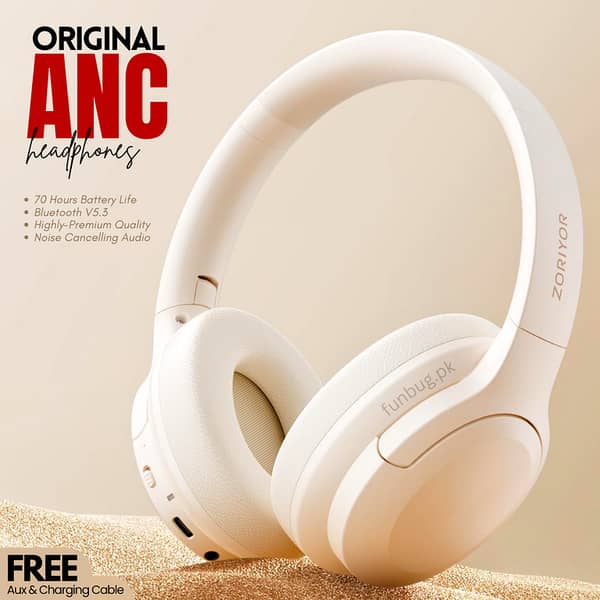 Zoriyor Z1 ANC Wireless Bluetooth Headphones by FunBug – Gaming, ENC Calls, 70-Hour Battery, Foldable Beige