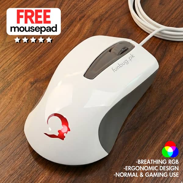 FunBug High Performance White Ergonomic Gaming Mouse, Wired Optical 1600 DPI with 7 RGB Breathing Lights + Free Mousepad