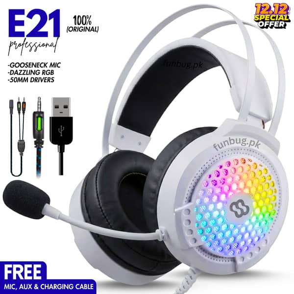 FunBug Professional Gaming Headphones with Noise-Cancelling Microphone (Black & White) - USB + 3.5mm, 50mm Drivers