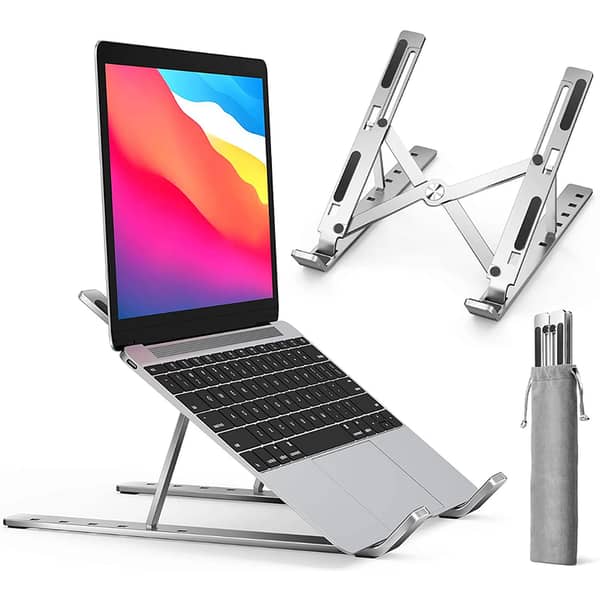 FunBug Alloy Aluminum Adjustable Laptop Stand with Hollow Cooling Design, Anti-Slip, 6-Level Height and Angle, Fits 11-17 inch Laptops, MacBook, Tablets - Black & Silver