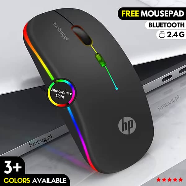 FunBug Dual-Mode Rechargeable Wireless Bluetooth Gaming Mouse RGB with Adjustable DPI and Included Mouse Pad
