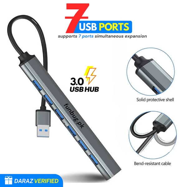 FunBug USB 3.0 Hub 4 Ports & 7-Port Extension for Mobile, PC, Laptop