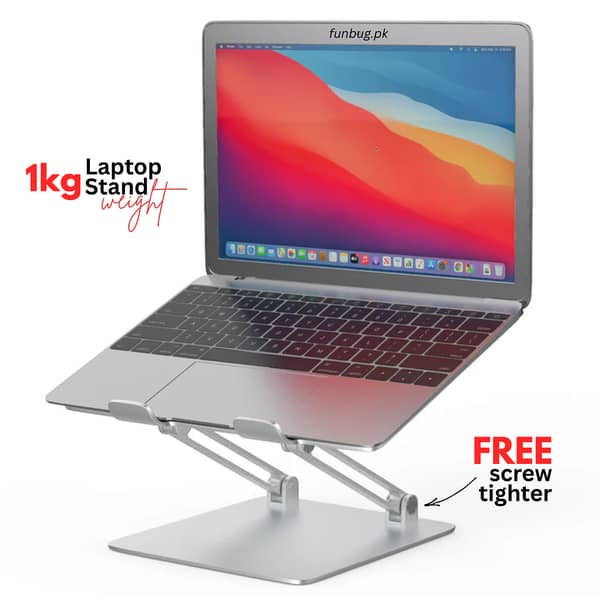 FunBug 1KG Metal Laptop Stand – Aluminium Foldable, Adjustable Height with Anti-Slip Rubber Grips (Silver)