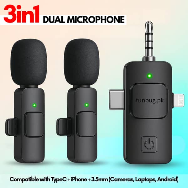 FunBug K15 & K35 Wireless Lavalier Microphone for Android, iPhone, and Camera – Noise-Canceling Collar Mic with 3.5mm, Type-C, and Lightning