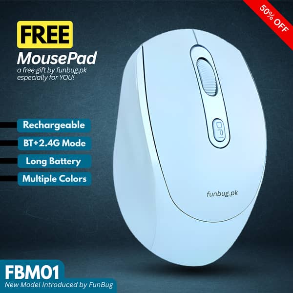 FunBug Premium FBM01 Dual-Mode Wireless Mouse (Bluetooth + 2.4G) with 1600 DPI, Rechargeable Battery, Silent Clicks, Ergonomic Lightweight Design