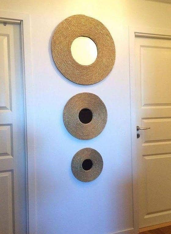 Round set of 3 Golden Jute Mirror for Home decor