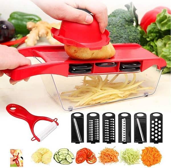 10 Pieces Vegetable Chopper with Container | Onion Chopper, Mandolin Slicer, Multi-Function Veggie Cutter | Red