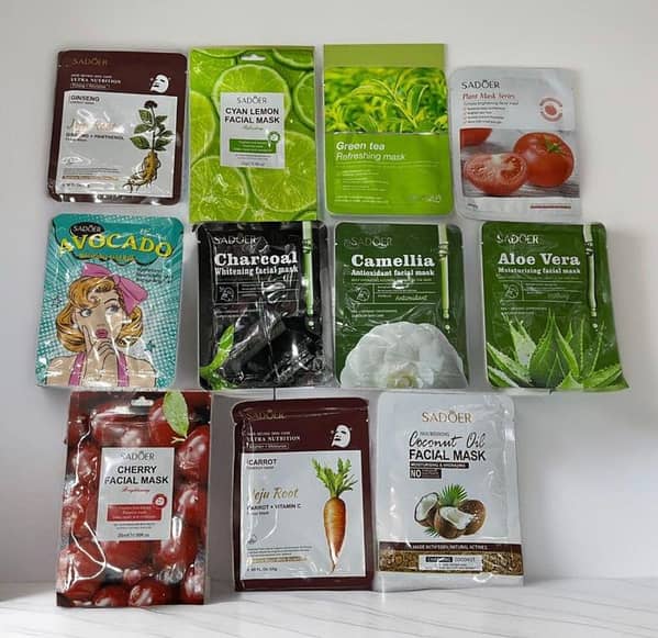 SHEET MASK 12-Essence Set: Collagen, Seaweed, Honey, Pomegranate, Aloe Vera, Vitamin C, Acai Berry, Tea Tree, Avocado, Ginseng, Cucumber, Charcoal