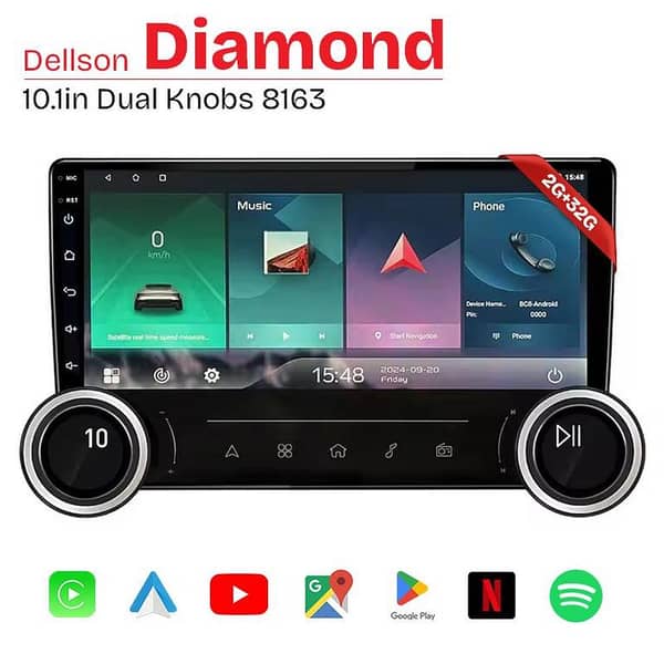 Dellson 8163 Diamond Dual Knobs Android Car Stereo | 10" Screen | 2GB + 32GB | CarPlay & Android Auto