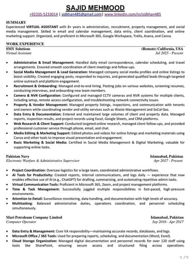 Experienced Virtual Assistant– Remote ( Job Wanted )