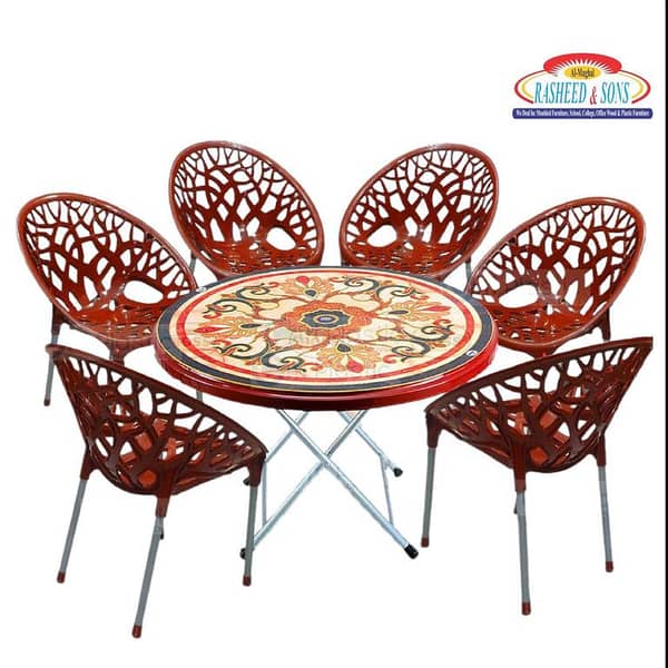Set of 6 Plastic chairs, Garden indoor/ outdoor, Tree Chairs, &1 Double shelf Table chairs set, Plastic chairs table set