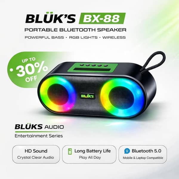 WKSHOP BLUK’S BX-88 Rechargeable Bluetooth Speaker | Powerful Sound | Deep Bass | RGB Lights | Bluetooth 5.3 | Portable Speaker