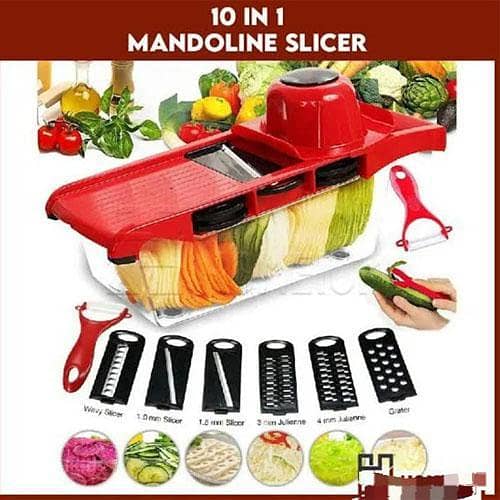 10in1 Mandoline Slicer, MultiFunction Fruit and Vegetable Cutter, Interchangeable Stainless Steel Blade with Food Container, Peeler, Hand Protector, Julienne Slice for Potato, Tomato, Onion, Vegetable Chopper