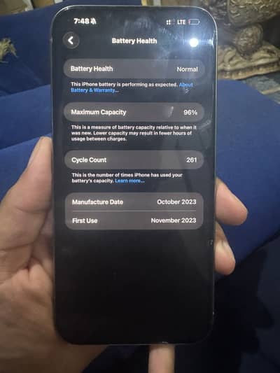 iPhone 15 Pro Max 96% health 10/10 original box cable not a single dot