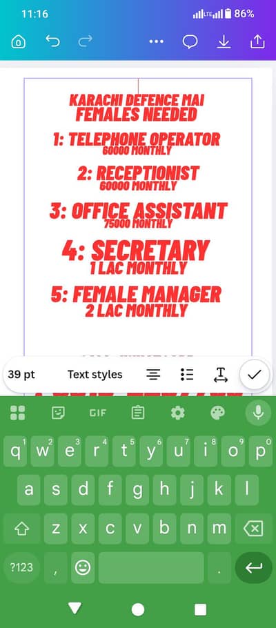 female receptionist. 10 to 6. Whatsapp o3I9-229-7766