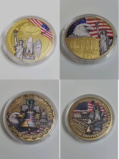 Set Of (2) USA 250th Anniversary Eagle Comemo Metal Badge Medal Coin.