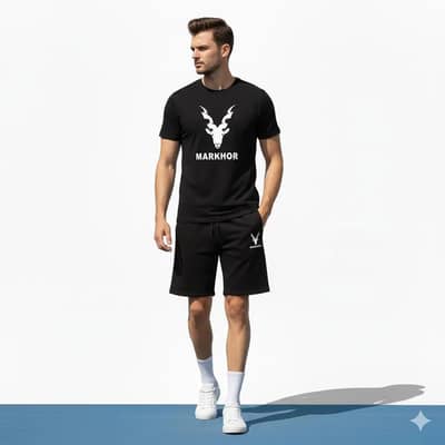 2 pcs Men's Polyester Printed T-Shirt & Shorts Tracksuit