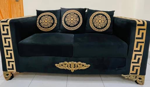 Velvet black 5 seater sofa set with velvet curtains and table