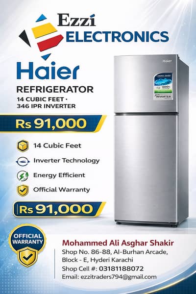 Haier Refrigerator 14 Cubic Feet 346 IPR Inverter Energy Saver
