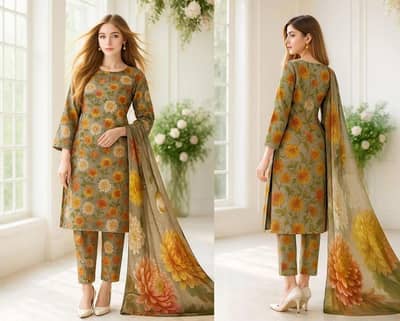 3 Pcs Women's Unstiched Printed Suit