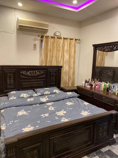 Wooden bed with mattress,side tables, dressing table