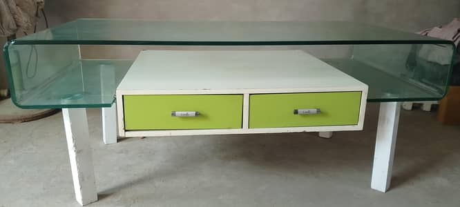 Glass Center Table | Wooden Base | 2 Drawers