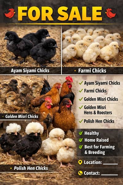Desi Hens, Roosters, Ayam Siyami, Polish & Farmi Chicks for Sale