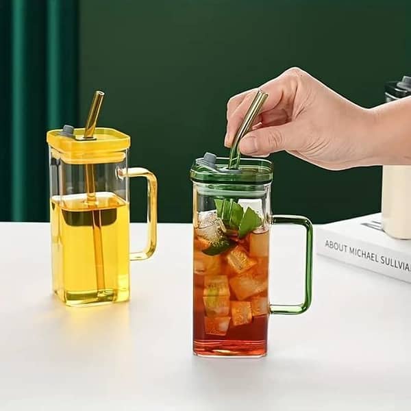 Square Glass Mugs with Colored Handle Pack of 1, Drinking Glasses Tumbler with Lids and Straws Iced Coffee Cups, 400ml Wide Mouth Sipper for Home Office (Multicolor)