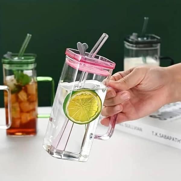 Square Handle Can Shaped Glass Tumbler Drinking Glasses with Glass Straw for Water, Juice, Iced Coffee, Cold Beverages - 400ml