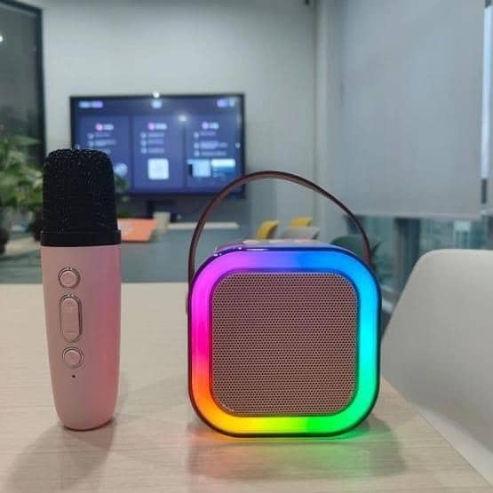 K12 Wireless Mic With Speaker - Single / Double RGB 7 Colour Dancing Light Karaoke Mic With Portable Bluetooth Microphone For Recording With Speaker For Music - 3 in 1 USB / AUX / SD Card Slot Karaoke Handheld Microphone