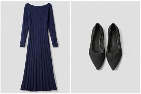 Navy blue ribbed maxi dress with full sleeves ,flowy fit,