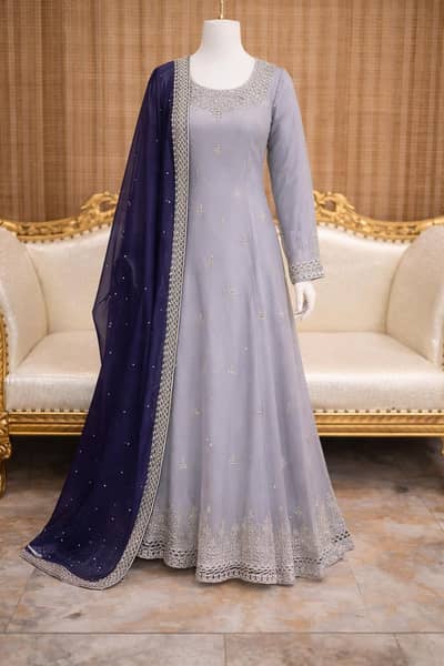 Elegant English coloured dress with navy blue dupatta – Worn Only Once