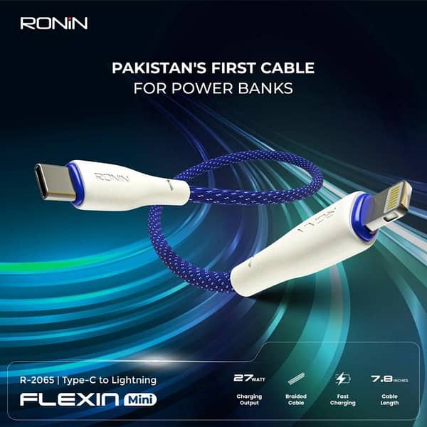 ronin r2065 c to lightning power bank cable, 27W charging output, fast charging cable, data transfer cable, braided cable, 7.8 inches length
