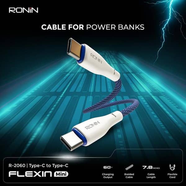 ronin r2060 c to c power bank cable 60W fast charging, braided cable, 7.8 inches cable length, flexible cord